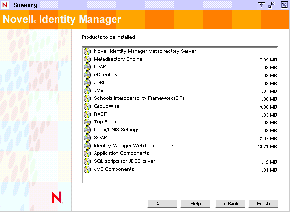 Summary page shows components to be installed