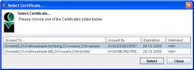 Select Certificate screen 