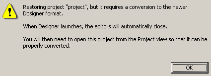 Warning the editors will be closed and project needs to be opened. 