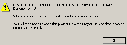 Warning the editors will be closed and project needs to be opened. 