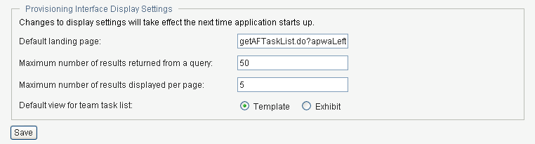 Screen capture of the Provisioning Interface Display Settings box