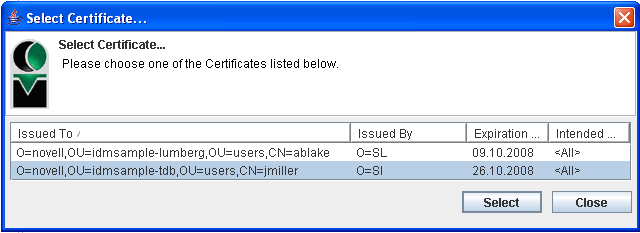 Select Certificate screen 