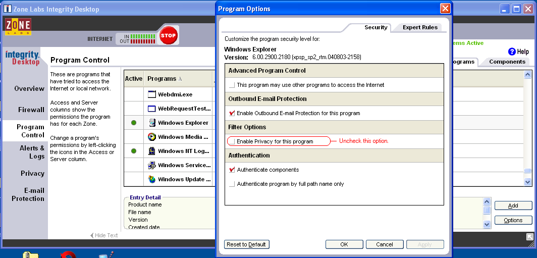 Zone Alarm Program Options Dialog Box