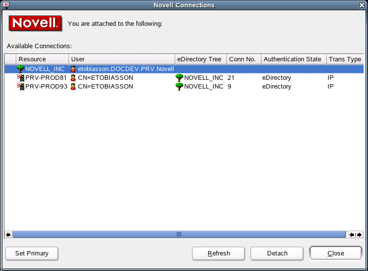 Description: Novell Connections Dialog Box