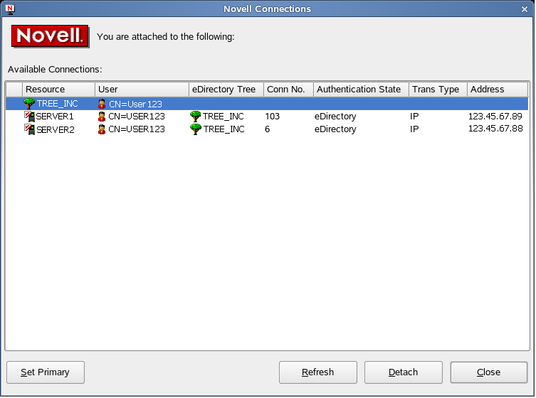 Novell Connections Dialog Box