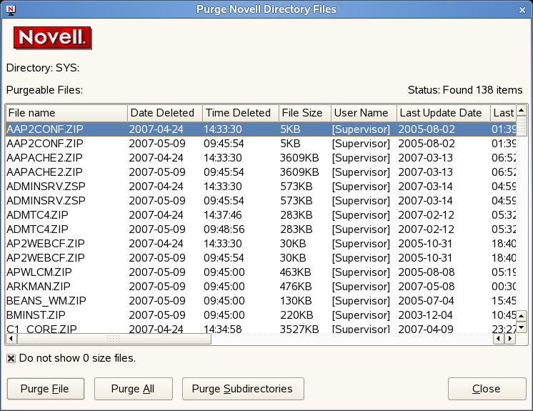 Purge Novell Directory Files Dialog Box