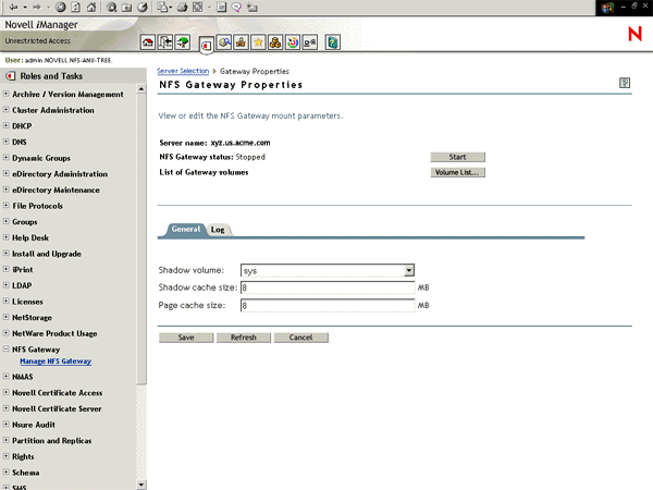 NFS Gateway Properties page