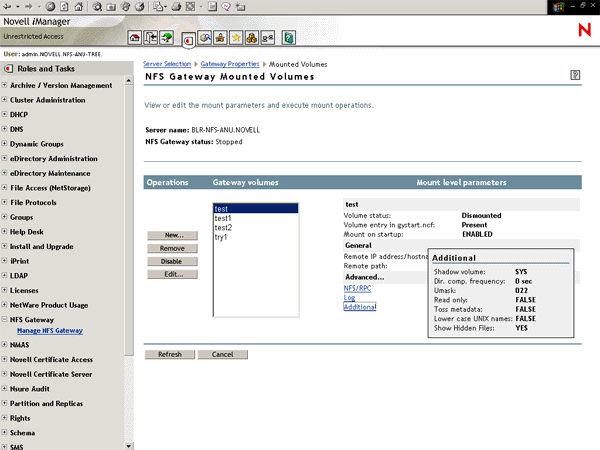 NFS Gateway Mounted Volumes page