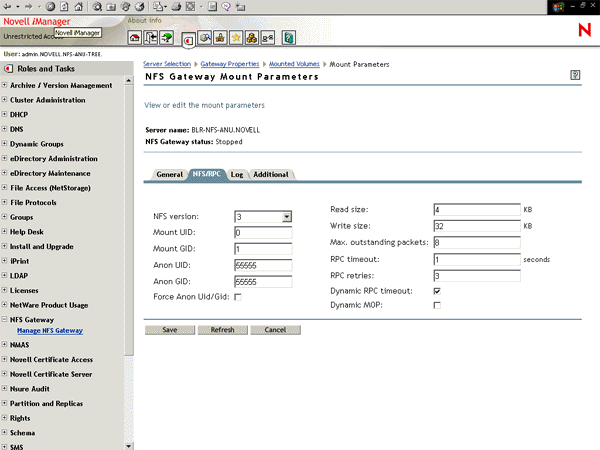 NFS Gateway Mount Parameters Page