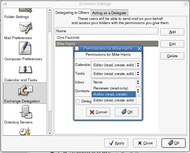 Exchange Account Delegation Settings