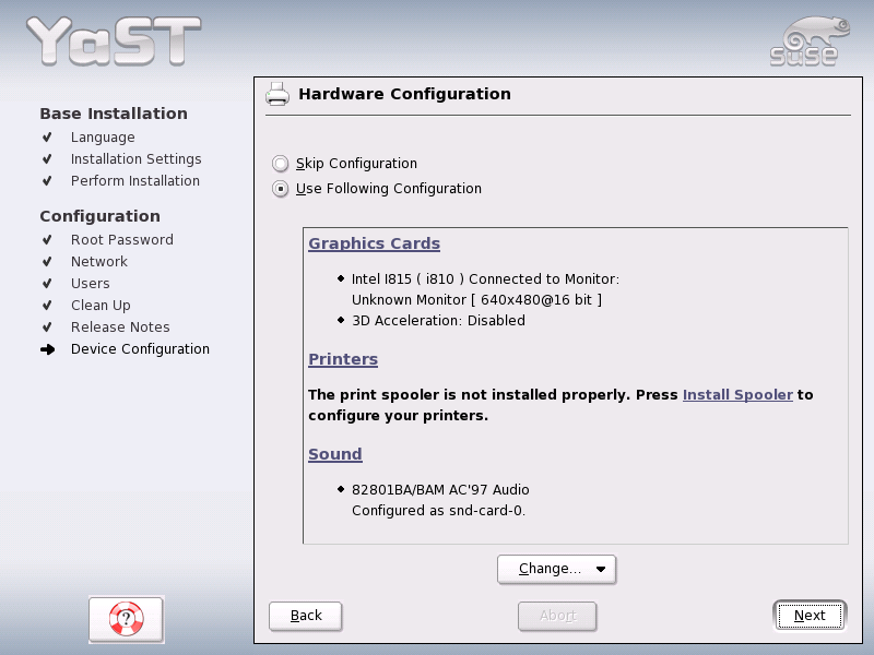 Hardware Configuration menu