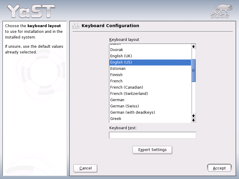 Keyboard Configuration menu