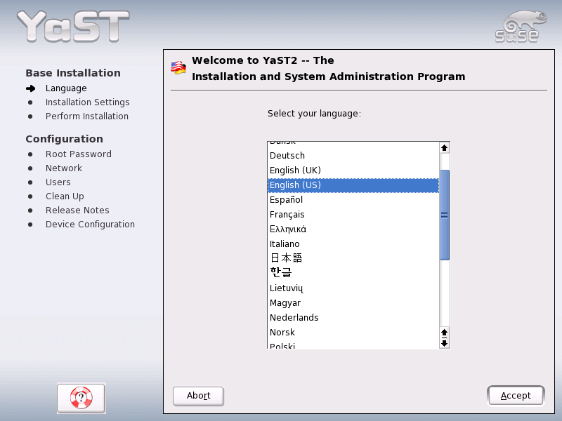 Language selection menu