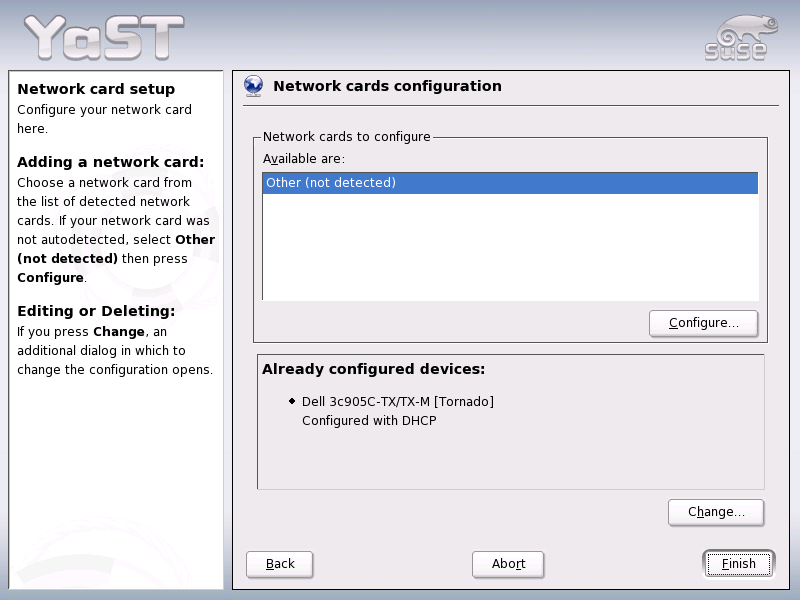 Network Cards Configuration menu