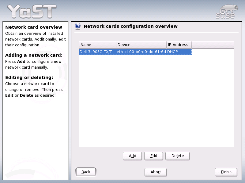 Network Card Configuration Overview menu