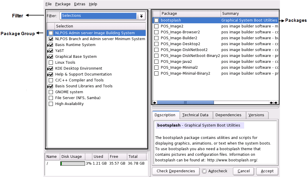 The YaST Package Manager screen