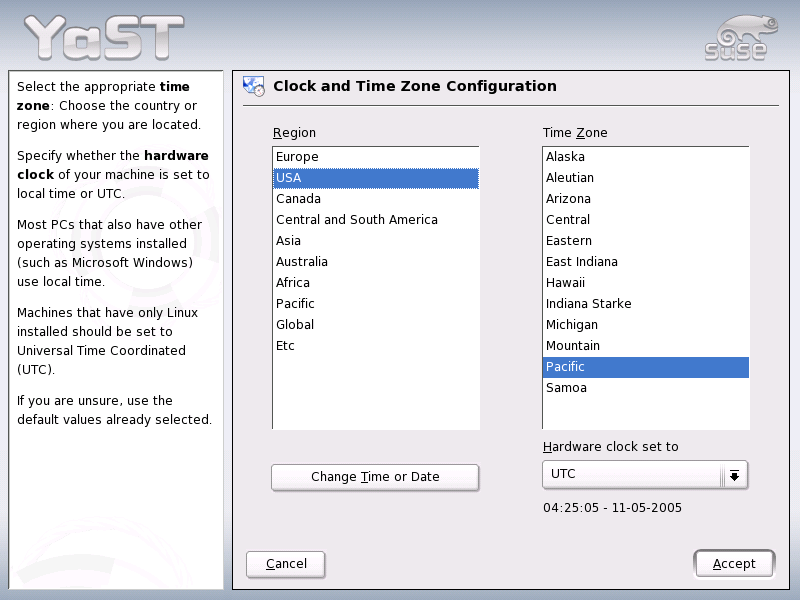 Clock and Time Zone Configuration menu