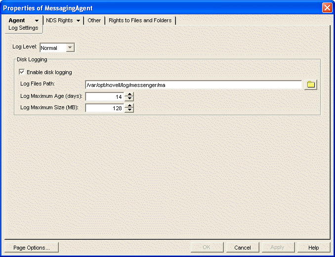 Messaging Agent Log Settings page