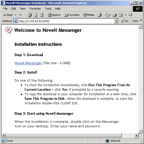 Messenger client download page for a Messenger system on NetWare or Windows