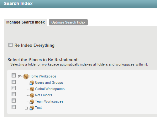 Manage the Search Index page