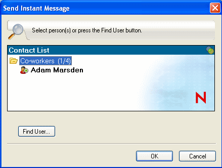 Send Instant Message dialog box showing the Find User button