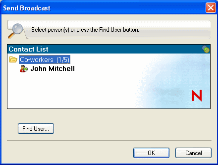 Send Broadcast dialog box showing the Find User button