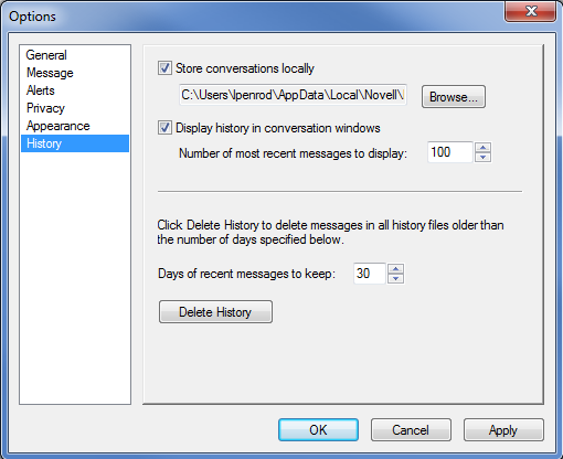 History options dialog box