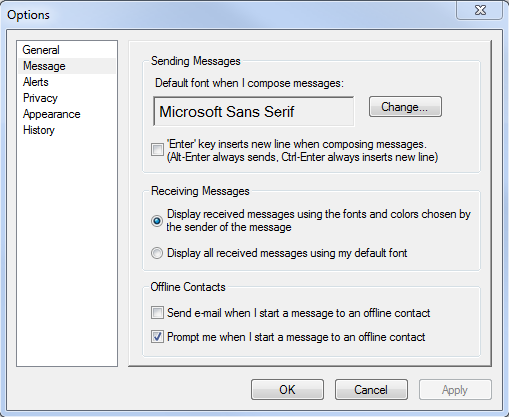 Options dialog box showing the Message page