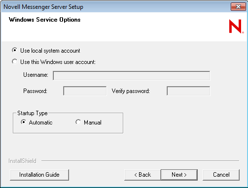 Windows Service Options dialog box