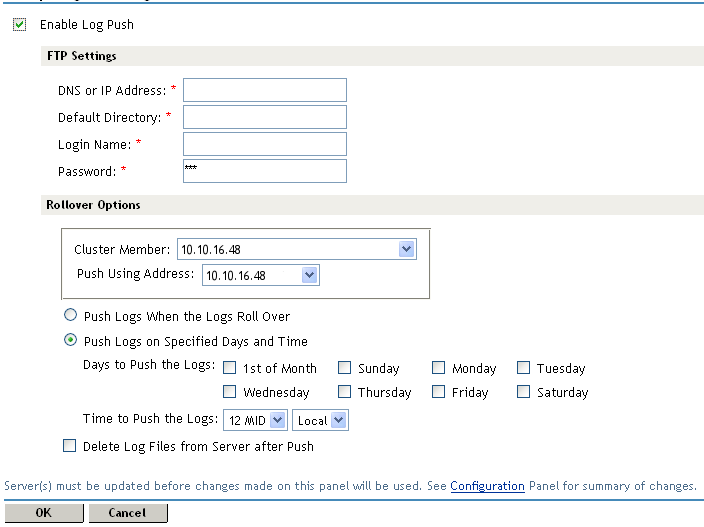 Configuring the Log Push option