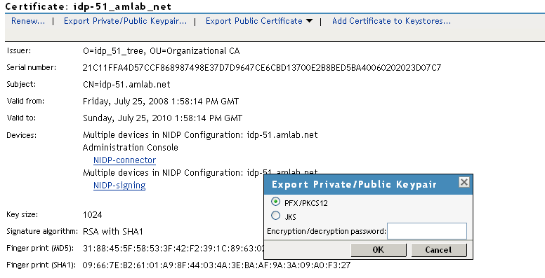 Exporting a private/public key pair