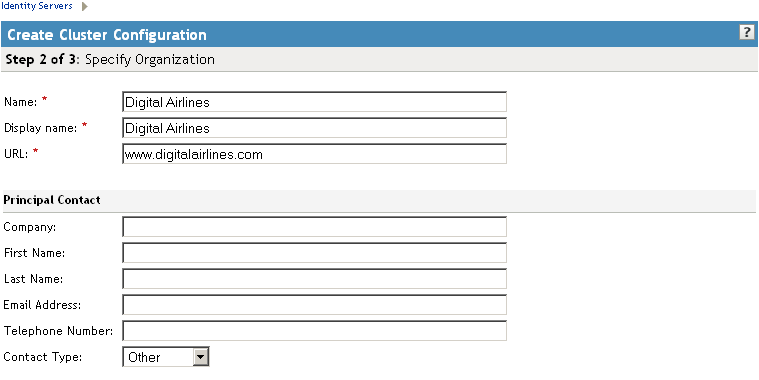 Identity Server configuration organization page