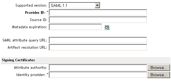 SAML 1.1 identity provider manual metadata entry