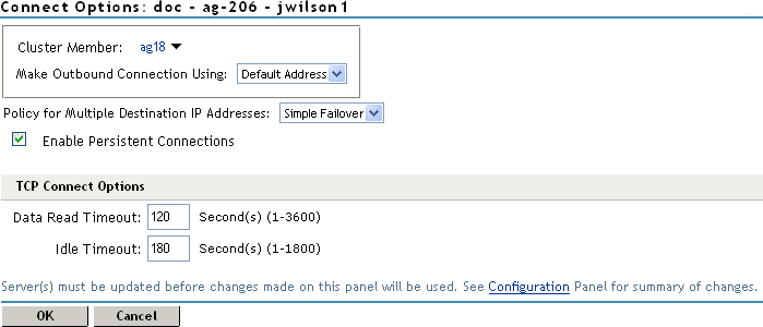 Configuring connection options for the Web servers