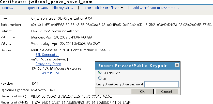 Exporting a private/public key pair