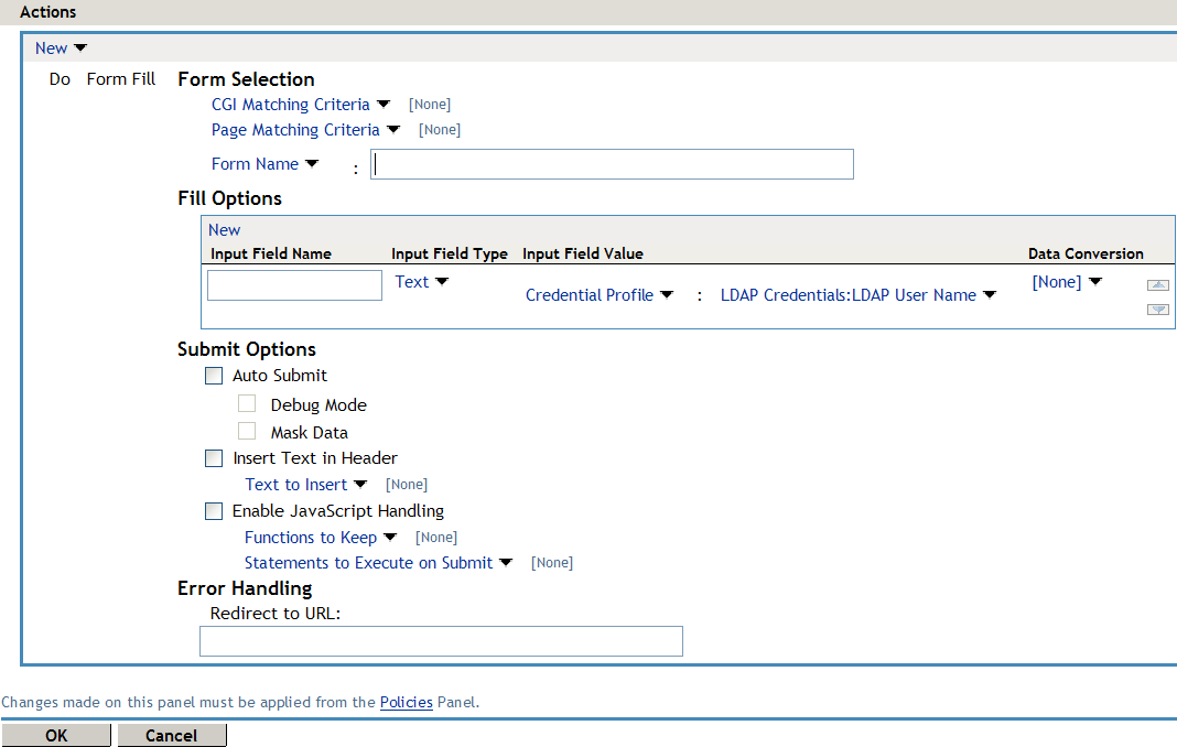 Configuring the actions in a form fill policy