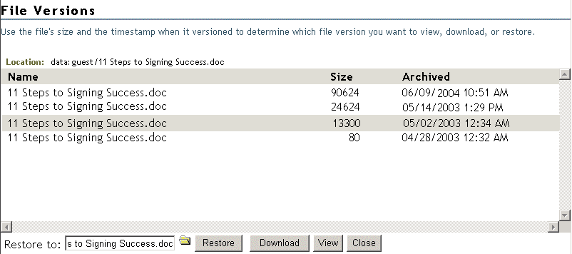 Example of the File Versions Dialog Box