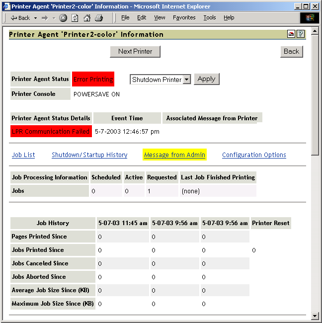 Job History for a Printer Agent