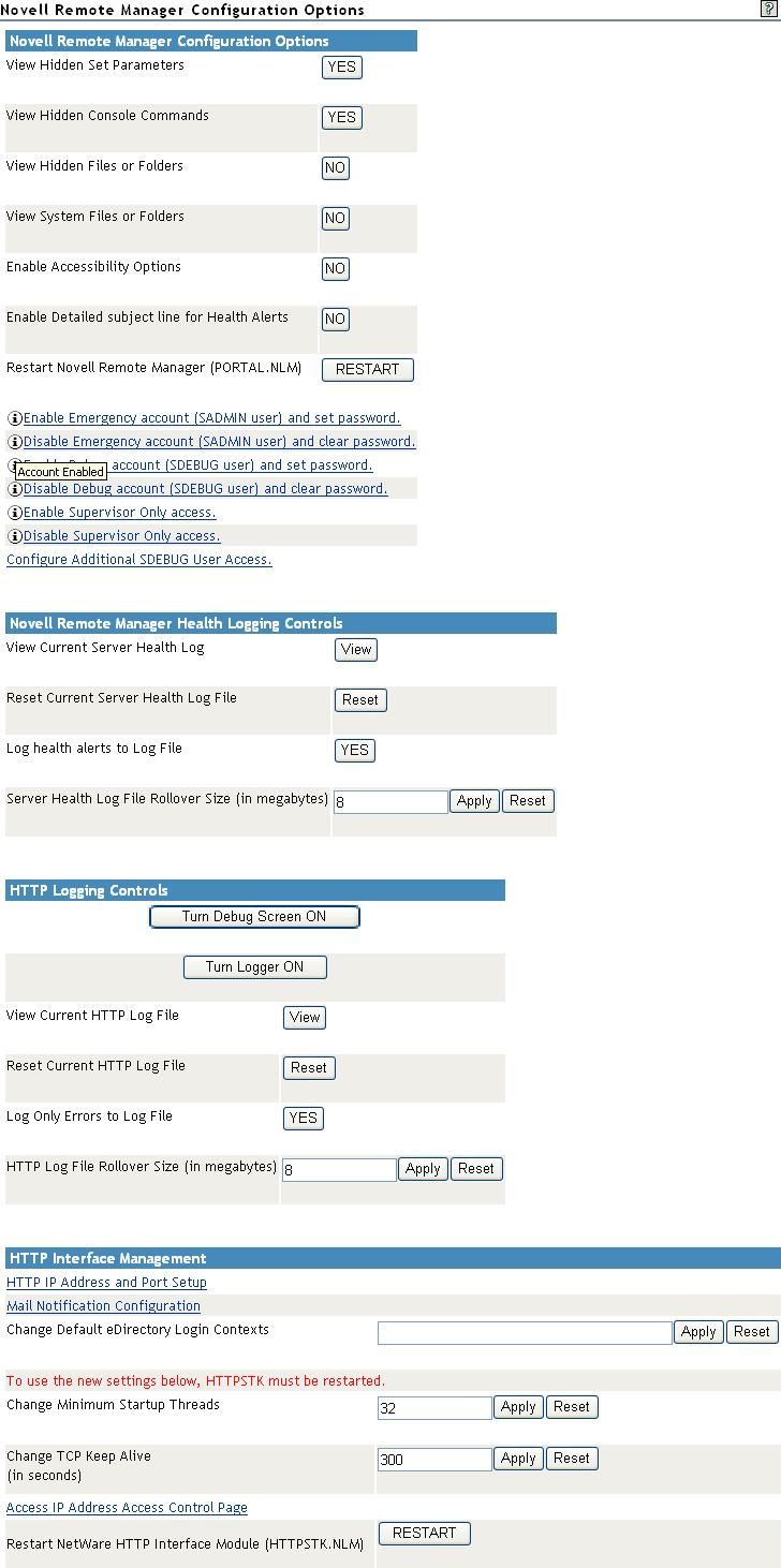 Novell Remote Manager Configuration Options page