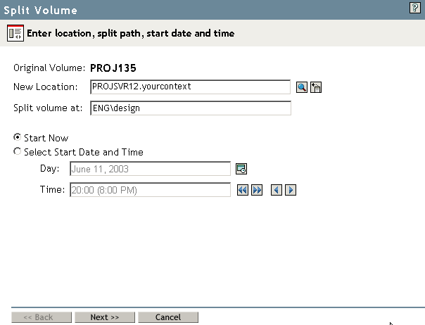 Sample Split Volume Wizard