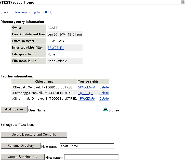 Sample Directory Management Page in Novell Remote Manager