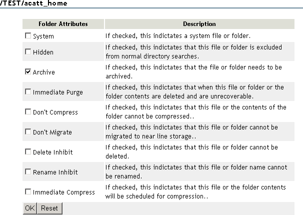 Sample Folder Attributes Page in Novell Remote Manager