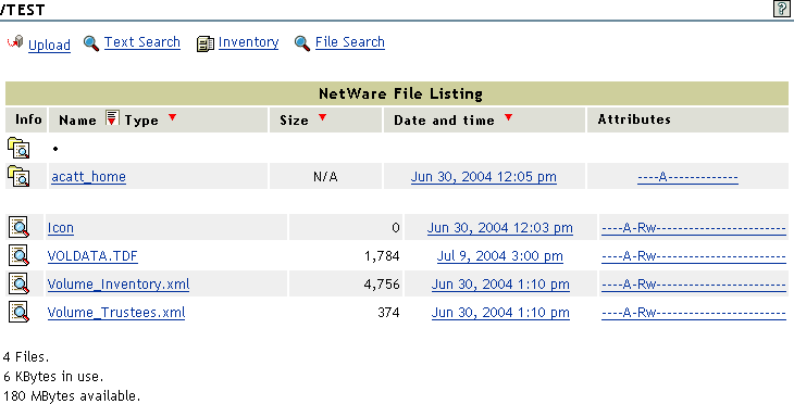 Sample Directory and File List in Novell Remote Manager