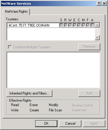 Sample NetWare Rights Dialog Box in the Novell Client on Windows