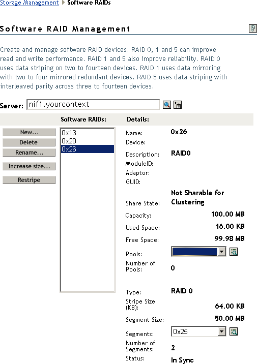 Sample Software RAID Management Page