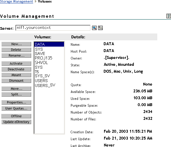 Sample Volume Management Page for NSS on NetWare