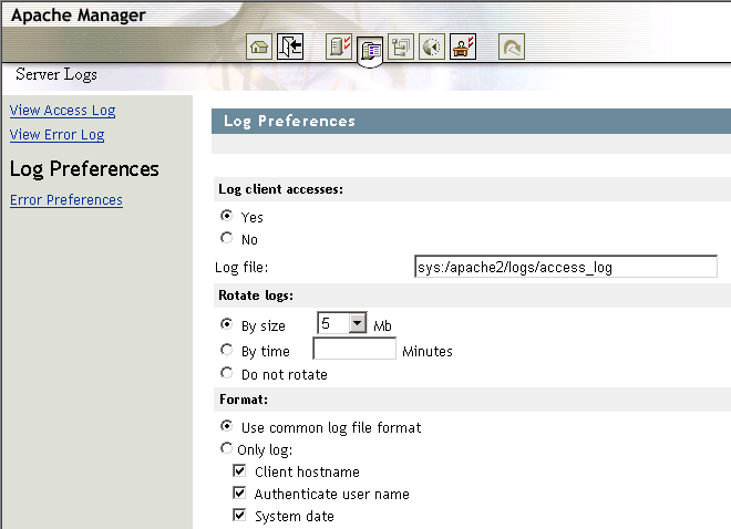 Log Preferences page