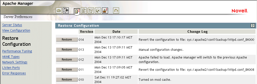 Restore Configuration page