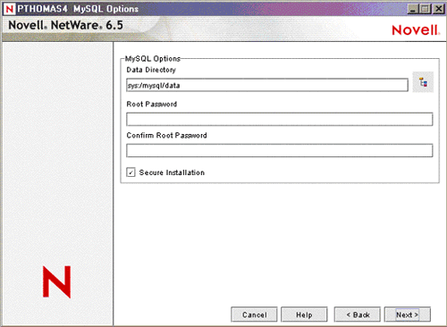 The MySQL Options screen that appears during installation.