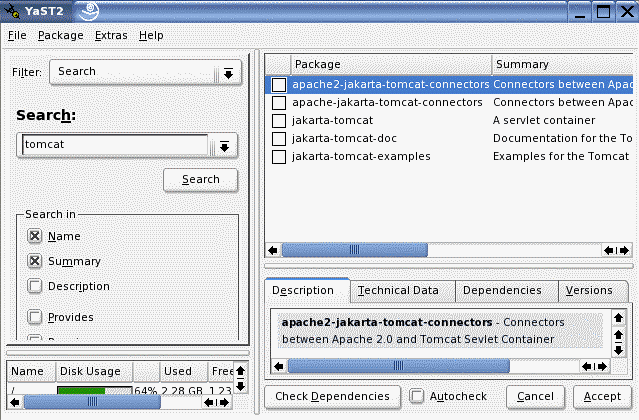 Tomcat package list in YaST